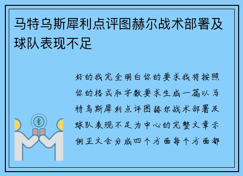马特乌斯犀利点评图赫尔战术部署及球队表现不足